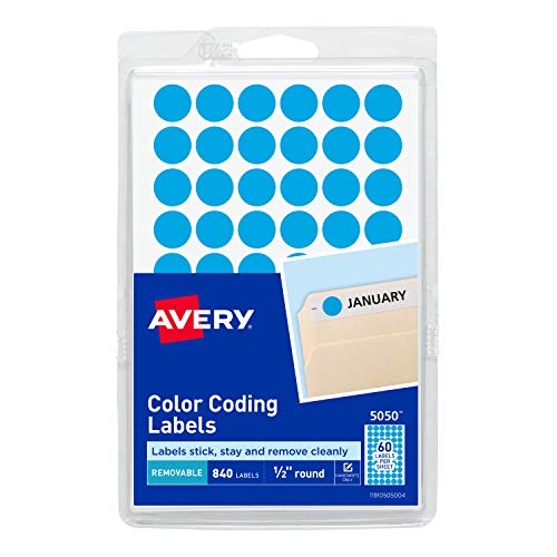 Avery Color-Coding Removable Labels, 1/2 Inch Round Stickers, Light Blue, Non-Printable, 840 Dot Stickers Total (5050)