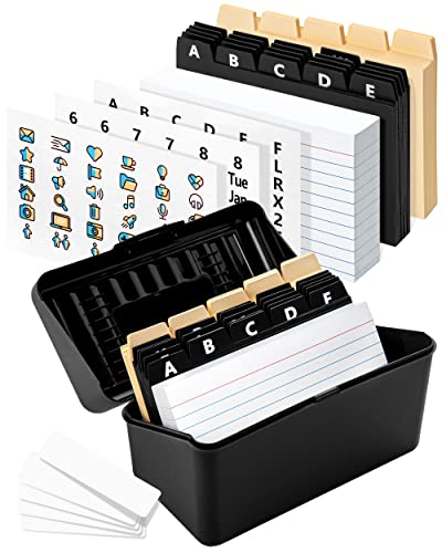 OFFILICIOUS Index Card Holder 3x5 Set – Heavy-Duty Index Card Organizer Box with Dividers – 100 Ruled Index Cards 3x5, 25 Manila Dividers, 25 Plastic Dividers, 72 Easy-Read Stickers & 5 Box Labels