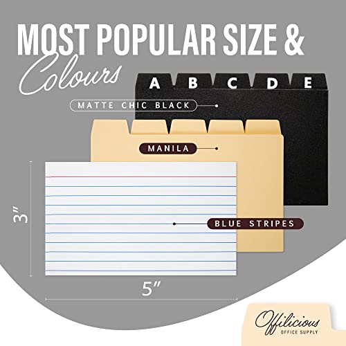 OFFILICIOUS Index Card Holder 3x5 Set – Heavy-Duty Index Card Organizer Box with Dividers – 100 Ruled Index Cards 3x5, 25 Manila Dividers, 25 Plastic Dividers, 72 Easy-Read Stickers & 5 Box Labels