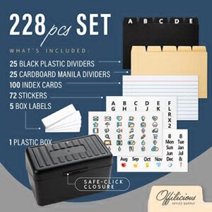 OFFILICIOUS Index Card Holder 3x5 Set – Heavy-Duty Index Card Organizer Box with Dividers – 100 Ruled Index Cards 3x5, 25 Manila Dividers, 25 Plastic Dividers, 72 Easy-Read Stickers & 5 Box Labels