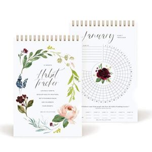 bliss collections habit tracker calendar notepad, botanical floral, gold spiral binding, inspirational and motivational monthly journal to track habits and to help with goals, 6″x9″ undated 12 months