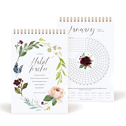 Bliss Collections Habit Tracker Calendar Notepad, Botanical Floral, Gold Spiral Binding, Inspirational and Motivational Monthly Journal to Track Habits and to Help with Goals, 6"x9" Undated 12 Months