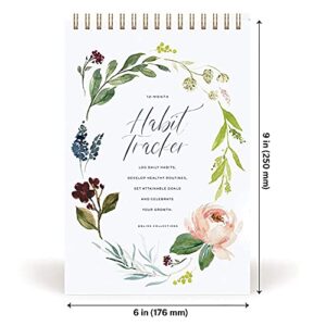 Bliss Collections Habit Tracker Calendar Notepad, Botanical Floral, Gold Spiral Binding, Inspirational and Motivational Monthly Journal to Track Habits and to Help with Goals, 6"x9" Undated 12 Months