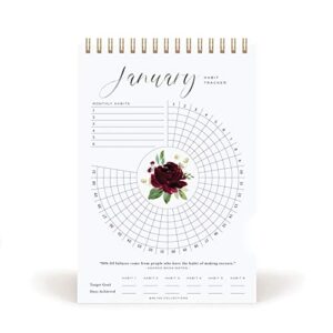 Bliss Collections Habit Tracker Calendar Notepad, Botanical Floral, Gold Spiral Binding, Inspirational and Motivational Monthly Journal to Track Habits and to Help with Goals, 6"x9" Undated 12 Months