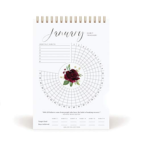 Bliss Collections Habit Tracker Calendar Notepad, Botanical Floral, Gold Spiral Binding, Inspirational and Motivational Monthly Journal to Track Habits and to Help with Goals, 6"x9" Undated 12 Months