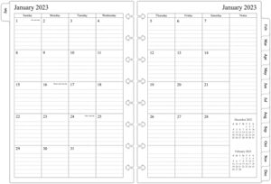 2023 monthly planner refill for 8-disc junior size discbound notebooks, two pages per month, 5-1/2″ x 8-1/2″