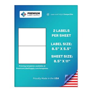 premium label supply white sticker half sheet labels – 8.5″ x 5.5″ – laser/inkjet compatible – (2 labels/sheet), 25 sheets – 50 total adhesive labels