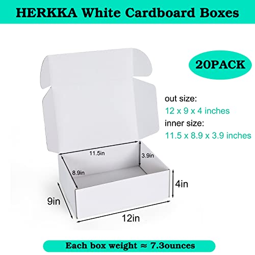 Shipping Boxes 12x9x4, HERKKA 20 PACK White Corrugated Cardboard Mailer Boxes, Medium Mailing Boxes for Packaging Small Business