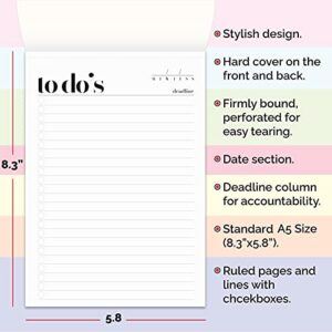 To Do List Notepad A5 Size (8.3"X5.8") Daily To Do List Planner, Productivity Planner, Stylish Design, Quality Thick Paper, Hardcover, Undated, Ruled Pages, Checkboxes, Deadline Column, Date Section.