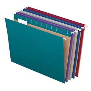 pendaflex recycled hanging file folders, letter size, assorted jewel-tone colors, two-tone for foolproof filing, 1/5-cut tabs, 25 per box (81667)