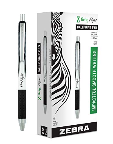 Zebra Pen Z-Grip Flight Retractable Ballpoint Pen, Bold Point, 1.2mm, Black Ink, 12-Count