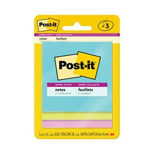 post-it super sticky notes, 3×3 in, 3 pads, 2x the sticking power, supernova neons, bright colors, recyclable (3321-ssmia)