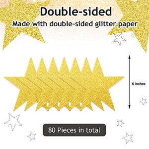 80 Pieces Glitter Star Cutouts Paper Star Confetti Cutouts for Bulletin Board Classroom Wall Party Decoration Supply, 6 Inches Length (Gold)