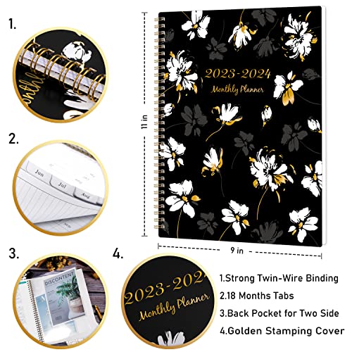 2023-2024 Monthly Planner - 18-Monthly Planner from January 2023 - June 2024, Monthly Planner 2023-2024 with Tabs, 9"x 11" Calendar Planner with Pocket, Contacts, Passwords Pages