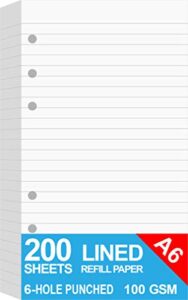 200 sheets a6 lined paper for filofax personal binder planner, white 100gsm ruled pages, 6 hole punched, 3.75 x 6.75 inch