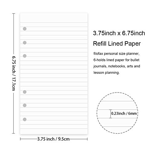 200 Sheets A6 Lined Paper for Filofax Personal Binder Planner, White 100gsm Ruled Pages, 6 Hole Punched, 3.75 x 6.75 Inch