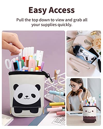 Sooez Standing Pencil Case, Cute Panda Pop Up Pencil Case, Durable Pen Pouch, Telescopic Pencil Holder Case, Kawaii Stand Up Pencil Case, Spacious Pencil Pouch Portable Pencil Bag for School Office