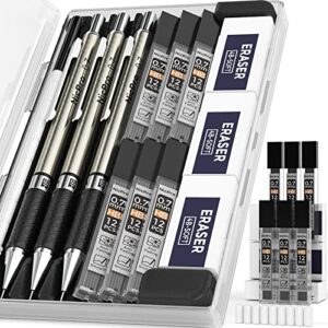 nicpro 0.7 mm art mechanical pencils set in storage case, 3 pcs metal drafting pencil lead pencil with 6 tube hb lead refills, 3 erasers, 9 pcs eraser refills for artist writing, drawing, sketching