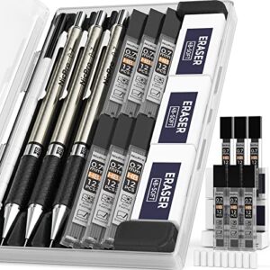 Nicpro 0.7 mm Art Mechanical Pencils Set in Storage Case, 3 PCS Metal Drafting Pencil Lead Pencil with 6 Tube HB Lead Refills, 3 Erasers, 9 PCS Eraser Refills for Artist Writing, Drawing, Sketching