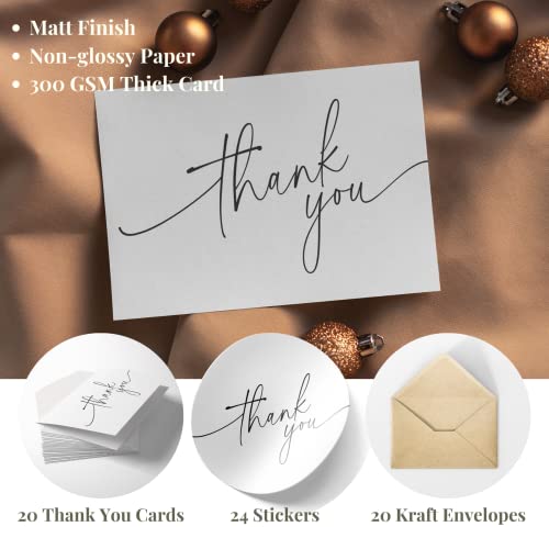 20 Pack Thank You Cards with Kraft Envelopes and Stickers, 4x6 Inch Professional and Minimalistic Looking | Suitable for Business, Baby Shower, Wedding, Graduation, Bridal Shower, Funeral