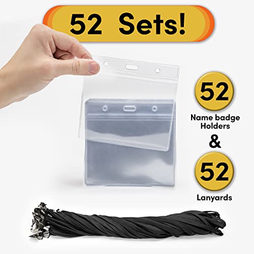 SEE-IT! 52 Sets Badge Holder with Lanyard Name Tag Holder and Lanyards 4x3 Size Quick Load No Zipper Name Badge Holders Lanyards with id Holder Lanyards for id Badges Clear Plastic (52)