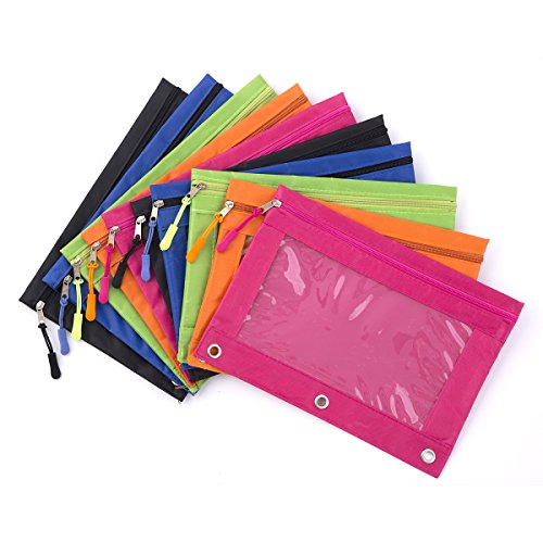 Binder Pencil Pouch with Zipper Pulls, Pencil Case with Rivet Enforced 3 Ring, 10 Pack 5 Colors