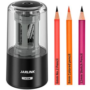 jarlink electric pencil sharpener, heavy duty pencil sharpener for 6-12mm colored pencils, auto stop, fast sharpen in 3s, 8000 sharpening times, ideal for school, classroom, teacher supplies, black