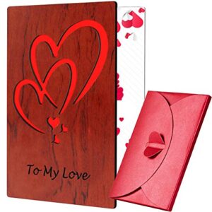 valentines day cards for her him, wood valentines cards for husband wife, happy birthday card for boyfriend girlfriend, wooden greeting card with red heart envelope