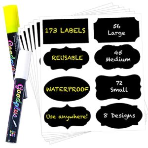 173 Pack Premium Chalkboard Label Stickers Bulk with 2 Chalk Markers, Reusable, Removable, and Waterproof Food Labels for Kitchen and Pantry Containers, Mason Jars, Kids' Bottles, and Storage Bins