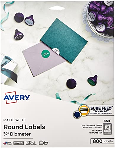 Avery Printable Round Labels with Sure Feed, 3/4" Diameter, Matte White, 800 Customizable Labels (4221)