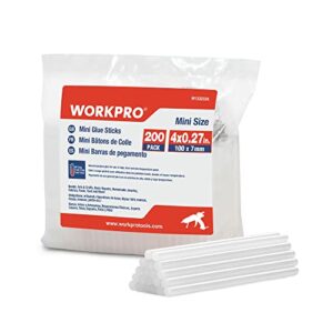 workpro mini hot glue sticks, 200-pack, 0.27×4 inches, compatible with most glue guns, multipurpose for diy art craft general repairs, home decorations and gluing projects