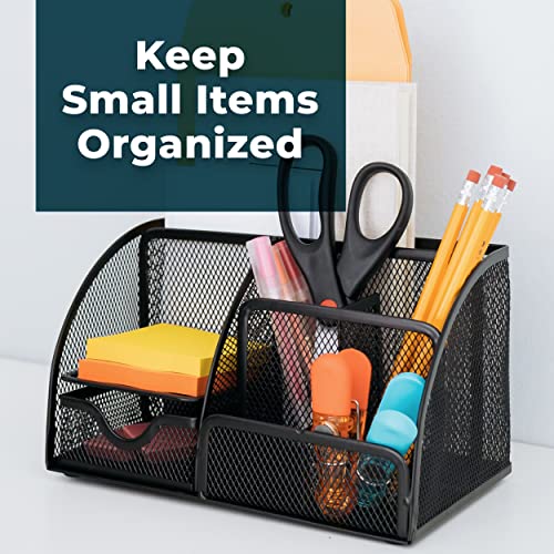 Greenco Mesh Desk Organizer Office Supplies Caddy, 6 Compartments, Small Black Desk Organizer for Pen, Pencil, Small Office Supplies and Stationary Accessories Storage Organization