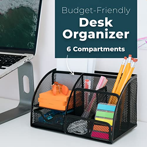 Greenco Mesh Desk Organizer Office Supplies Caddy, 6 Compartments, Small Black Desk Organizer for Pen, Pencil, Small Office Supplies and Stationary Accessories Storage Organization