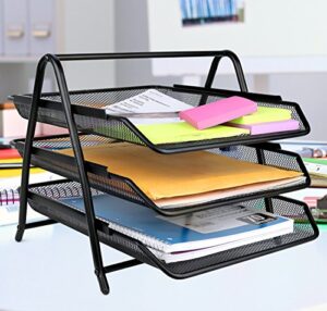 greenco letter tray desk organizer, 3-tier mesh paper tray, document, letter, office paper organizer, black