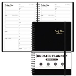 undated daily planner – a5 undated planner hourly planner to do list notebook spiral appointment planner, pvc hardcover, elastic closure, inner pocket, 8.2” x 5.9”, black