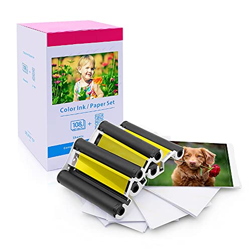 Compatible Canon Selphy CP1300 Ink and Paper KP-108IN KP108 3 Color Ink Cartridges and 108 Sheets 4x6 Photo Paper Glossy for Canon Selphy CP1300, CP1200, CP1000, CP910, CP900 Compact Photo Printers