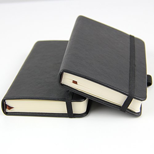 (2-Pack) Pocket Notebook 3.5" x 5.5", Small Hardcover Journal with Pen Holder, Inner Pockets, 100gsm Thick Ruled/Lined Paper, Black