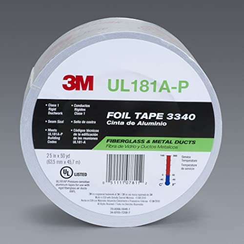 3M Aluminum Foil Tape 3340, 2.5" x 50 yd, 4.0 mil, Silver, HVAC, Sealing and Patching Hot and Cold Air Ducts, Fiberglass Duct Board, Insulation, Metal Repair