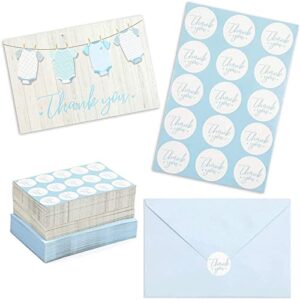 pipilo press 60 pack boy baby shower thank you cards with blue envelopes, cute stickers, blank inside (6 x 4 in)