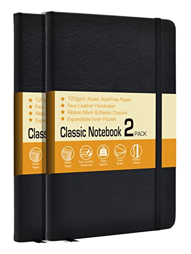 LYTek Faux Leather Lined Journal Notebooks with 120 GSM, Hardcover Executive Notebook, 5.25 x 8.25 inches for Writing - Date Marked, Inner Pocket, Ribbon Mark & Elastic Closure (Black, Pack of 2)