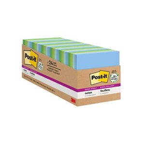 post-it super sticky recycled notes, 3×3 in, 24 pads, 2x the sticking power, poptimistic, bright colors, 30% recycled paper (654-24sst-cp)