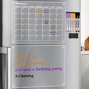 Acrylic Magnetic Dry Erase Board Calendar for Fridge 2 Pcs, 16”x12" Clear Acrylic Dry Erase Board for Refrigerator, Reusable Magnetic Monthly Planner and Whiteboard