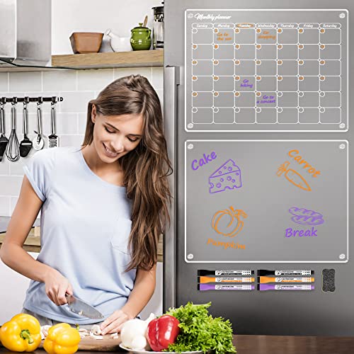 Acrylic Magnetic Dry Erase Board Calendar for Fridge 2 Pcs, 16”x12" Clear Acrylic Dry Erase Board for Refrigerator, Reusable Magnetic Monthly Planner and Whiteboard