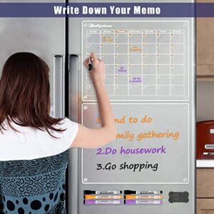 Acrylic Magnetic Dry Erase Board Calendar for Fridge 2 Pcs, 16”x12" Clear Acrylic Dry Erase Board for Refrigerator, Reusable Magnetic Monthly Planner and Whiteboard