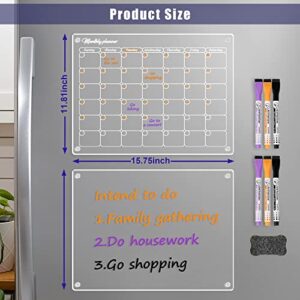 Acrylic Magnetic Dry Erase Board Calendar for Fridge 2 Pcs, 16”x12" Clear Acrylic Dry Erase Board for Refrigerator, Reusable Magnetic Monthly Planner and Whiteboard