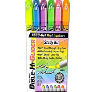 G.T. Luscombe Company, Inc. Accu-Gel Bible-Hi-Glider Bible Study Set | Precise Tip Size | No Bleed Solid Gel Highlighter | No Smearing or Fading | Long Lasting Bright Translucent Colors (Set of 6)