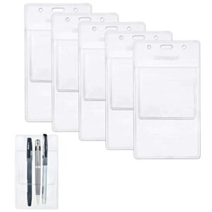 wisdompro 5 pack heavy duty pocket protector for shirts, lab coats, pants – multi-purpose- holds pens, pointers, cards, and notes. top is pre-slotted for lanyard and has holes for nametag – clear