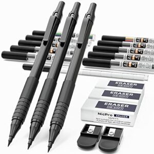 nicpro black metal 2.0 mechanical pencil set with case, 3 pcs drafting lead holder with 2mm graphite lead refill (hb 2h 4h 2b 4b) & colors, sharpeners, erasers for artist writing, drawing, sketching