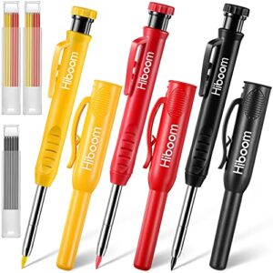 hiboom 3 pack solid carpenter pencil with pencil cap and 21 pcs refills, deep hole mechanical pencil marker with built in sharpener for carpenter woodworking architect