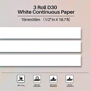 Phomemo 3 Roll D30 Adhesive White Continuous Thermal Label Paper 1/2 in X 20 Ft (15mm X 6m) Black on White, for Phomemo D30/D35 Label Maker